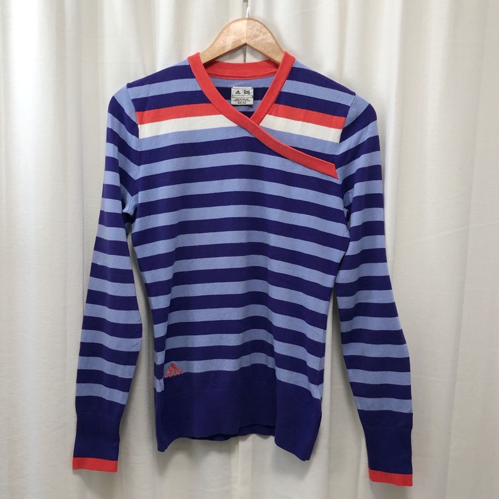adidas Purple and Light Blue Striped V-Neck Sweater with Red Trim